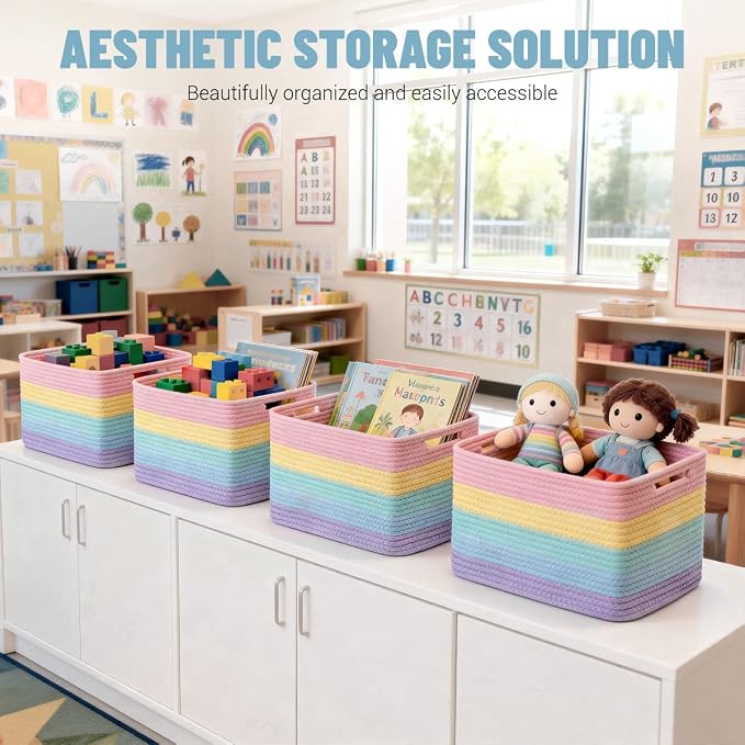 5 Pack Rainbow Woven Storage Baskets for Shelves, Decorative Toy Baskets Organizer for Kids Room, Nursery, Playroom, Classroom – Colorful Cotton Rope Toy Storage Bins for Organizing & Decor