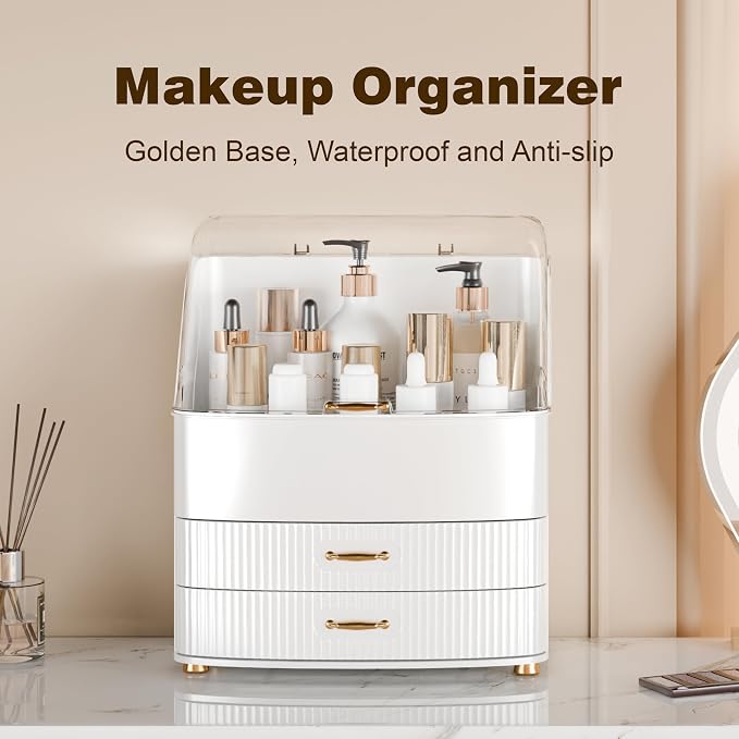 Makeup Organizer Countertop Vanity with Transparent Lid Drawers Waterproof Dustproof Cosmetic Skincare Bathroom Storage Gift for Women Teens Girls (White)