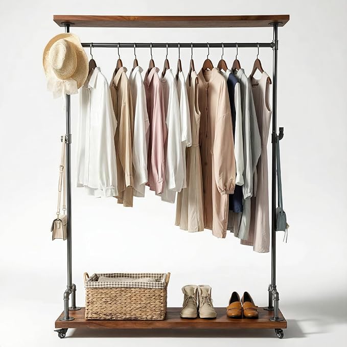 Industrial Pipe Clothing Rack, Wood Clothes Rack, Rolling Garment Rack | Heavy Duty, Sturdy Hanging Rod, Hall Tree on Wheels with Shelves, Shoes Storage and Hangers for Bedroom Retailer, Rustic
