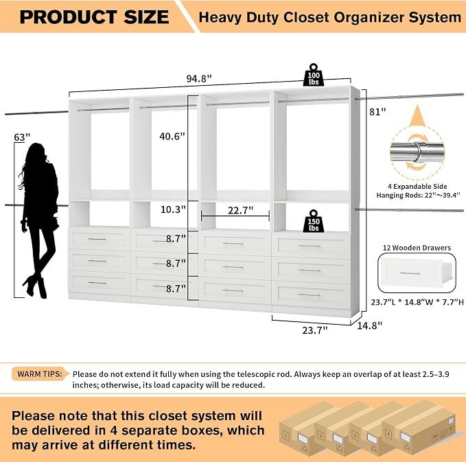 Closet System Sets of 4, 8FT-21FT Customizable Closet Organizer System with 12 Drawers