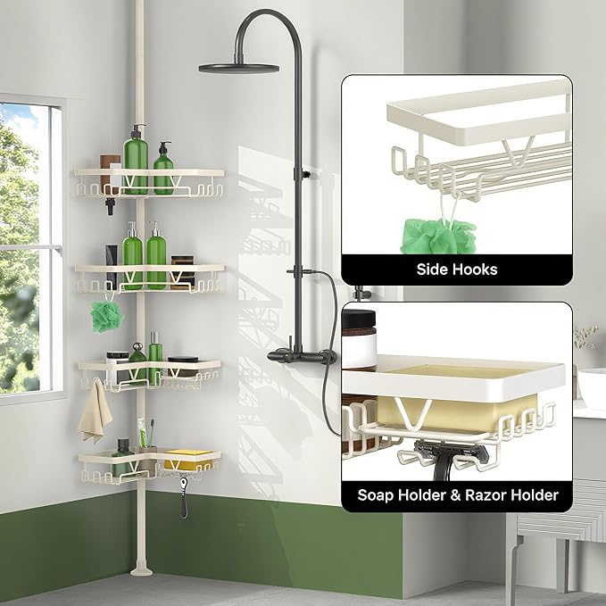KEGII Shower Corner Caddy Tension Pole, Corner Bathtub Shelf, Cream White | Rustproof, Waterproof, 4-Tier Shower Storage with Hooks, Soap Holder and Razor Rack, No Drill Organizer for Inside Showers