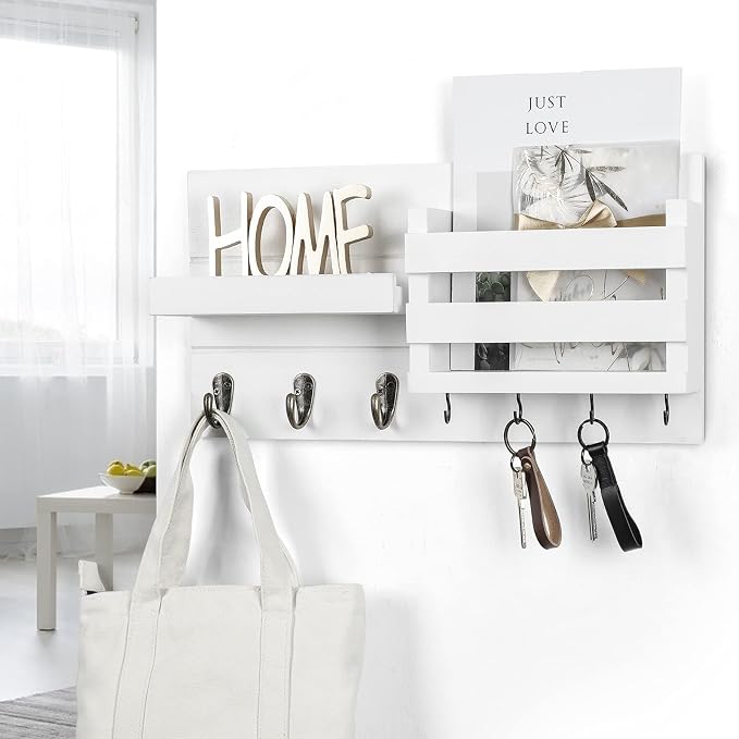 Lwenki Mail Organizer for Wall Mount – Key Holder with Shelf Includes Letter Holder and Hooks for Coats, Dog Leashes – Rustic Wood with Flush Mounting Hardware (16.5” x 8.7” x 3.5”)
