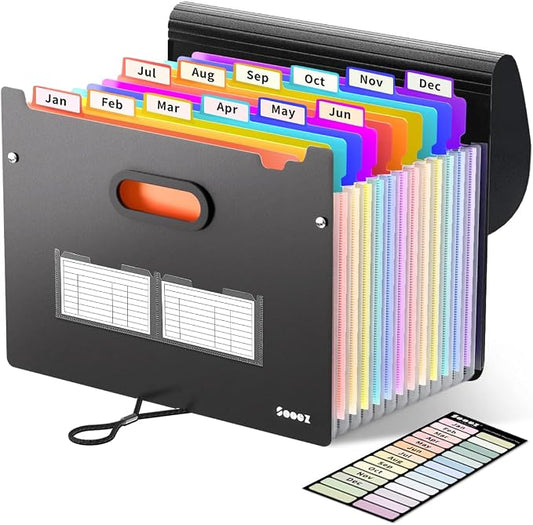 Sooez Upgraded Accordion File Organizer, Expanding File Folder with Deeper 12 Pockets - Never Cover Up Index Tabs, Monthly Bill Paper Receipt Document Organizer, Letter A4 Size for Home Office School
