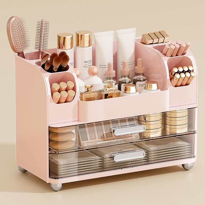 UFORU Makeup Organizer Countertop with 2 Large Drawers for Vanity Bathroom | Brush Holder, Large Capacity, Thickened Plastic, Compact Footprint, Space-Saving Design, Easy Clean, Ideal for Dorm Rooms