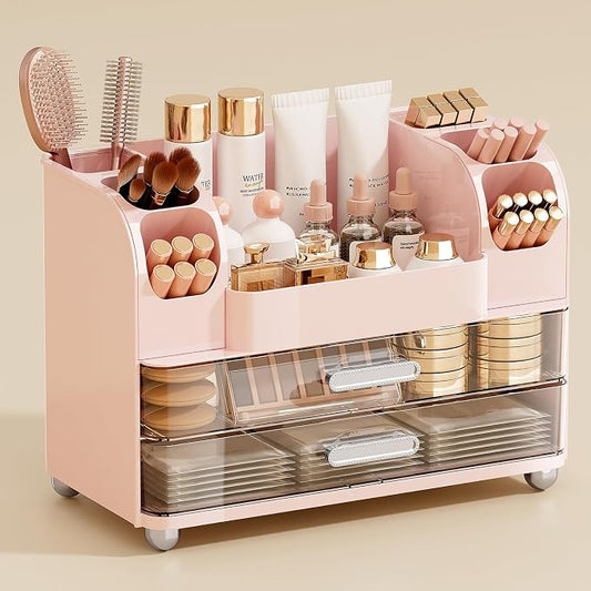 UFORU Makeup Organizer Countertop with 2 Large Drawers for Vanity Bathroom | Brush Holder, Large Capacity, Thickened Plastic, Compact Footprint, Space-Saving Design, Easy Clean, Ideal for Dorm Rooms