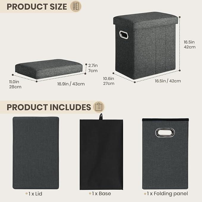 COSYLAND Collapsible Fabric Ottoman Footrest with Storage - Folding Foot Stool Furniture with Handles - Toy Chest Linen Gray - 16.5x16.5x10.6in - Charcoal