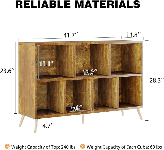 7-Cube Storage Organizer with Natural Wood Legs, Mid-Century Modern Bookcase and Display Cabinet, Freestanding Toy Storage Bookshelf for Living Room, Kids Room and Bedroom, Rustic Brown