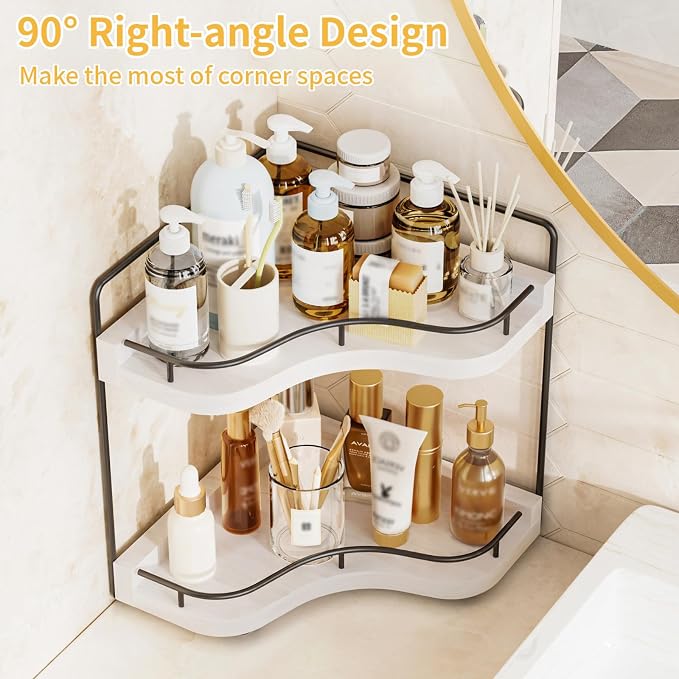 2-Tier Corner Bathroom Counter Organizer, Larger Size | Embedded Screw Holes, Sturdy & Stable, Oversized, Holds More, Vanity Shelf for Makeup & Skincare