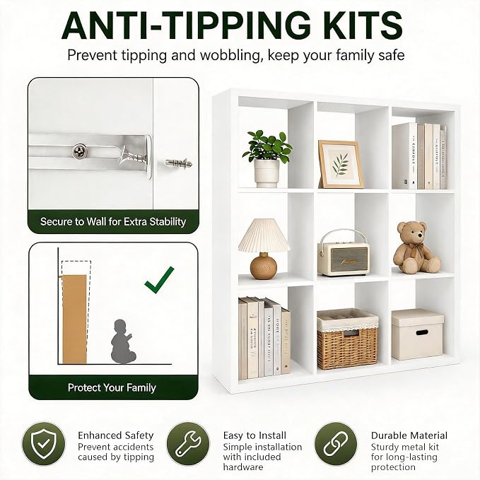 CTESNE【Wooden Thick Frame 9 Cube Storage Organizer Shelf with Anti-Tipping Kits + Reversible Open Back Bookcase, Horizontal and Vertical Dual-use Standing Bookshelf（White,13inch）