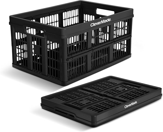 CleverMade Collapsible Utility Crate, 45L, 66 lb, Obsidian | Interlocking crates stack open or folded and carry 66 lb each. Side handles make groceries, tools, and gear easier to move.