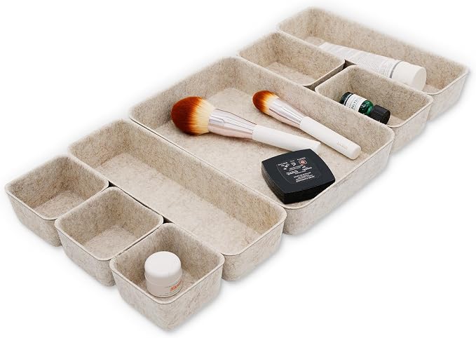 Welaxy 8pc Nordic Felt Desk Drawer Organizer Tray Beige Oatmeal Storage Bin | Sustainable material soft yet sturdy,multi-purpose storage, sleek minimalist lifestyle