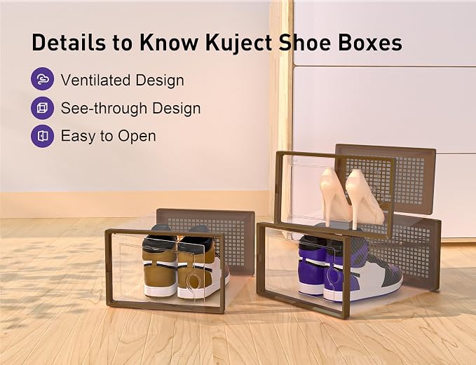 Kuject X-Large Shoe Storage Boxes 12 Pack, Clear Stackable Shoe Organizer | Shoe Case for Closet, Entryway & Under-Bed Storage, Drop-Front Design, Space-Saving Solution for Family Organization,Brown