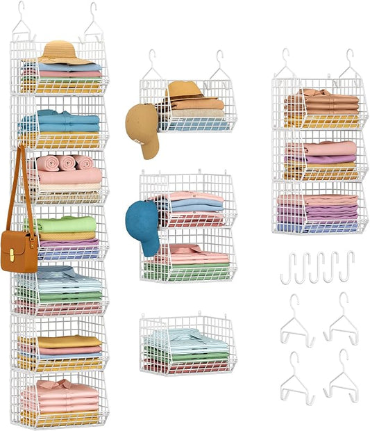 7 Tier Hanging Closet Organizer and Storage, Foldable Wire Closet Shelving with 4 Large Hooks+5 S Hooks,Hanging Basket for Clothes Sweaters Shoes Handbags,Wardrobe Kitchen Laundry Room-White