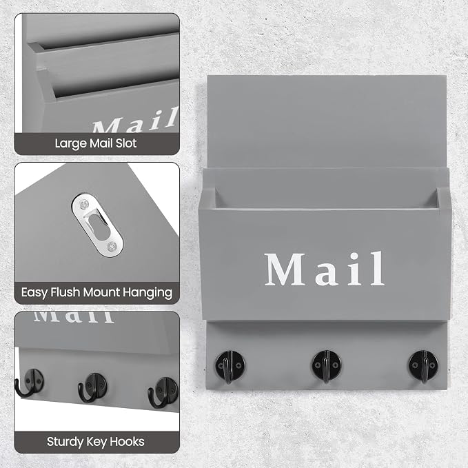 Mail and Key Holder, Wall Key Holder with 2 Mail Organizer Slot and 3 Hooks | Decorative 8.86" x 11.42" Mail Holder, Real Paulownia Wood with Keyhole Brackets, Hardware and Instructions