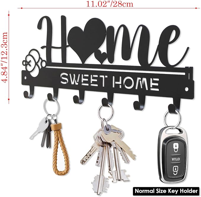 “Home Sweet Home”Key Holder wall Mount(Normal Size:11.02x4.84inches) | Simple Metal Decorative Key Hooks Rack for Entryway Front Door Hallway Garage Office