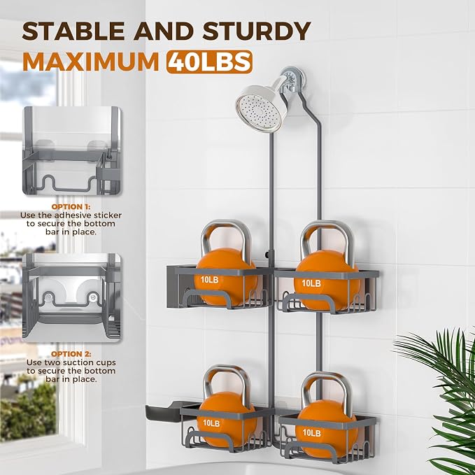 REINHARDT Split Shower Caddy Hanging for Handheld Showerheads, Grey | Adjustable Shower Organizer, Rustproof, 16 Hooks, Soap Holder, 40lbs Capacity, Anti-Slip, Tool-Free, Bathroom Accessories