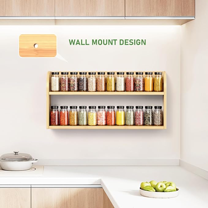 ROMGUAR CRAFT 2 Tier Long Bamboo Spice Rack, Countertop or Wall Mounting Wood Spice Jars Organizer Shelf for Kitche, Pantry (Natural)