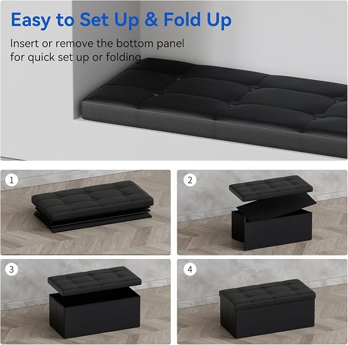 BRIAN & DANY 30 Inches Storage Ottoman Bench, Faux Leather Ottoman with Storage, Folding Bench Shoe, Foot Rest Stool, for Living Room, Black