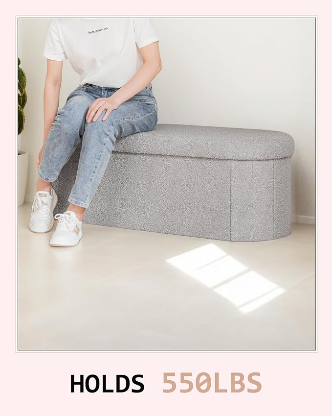 43.3 Inches Foldable Storage Ottoman Bench, Oval Footrest | Teddy Boucle Fabric, Hidden Storage, Soft Padded Seat, End Of Bed Bench For Bedroom, Living Room and Entryway, Grey