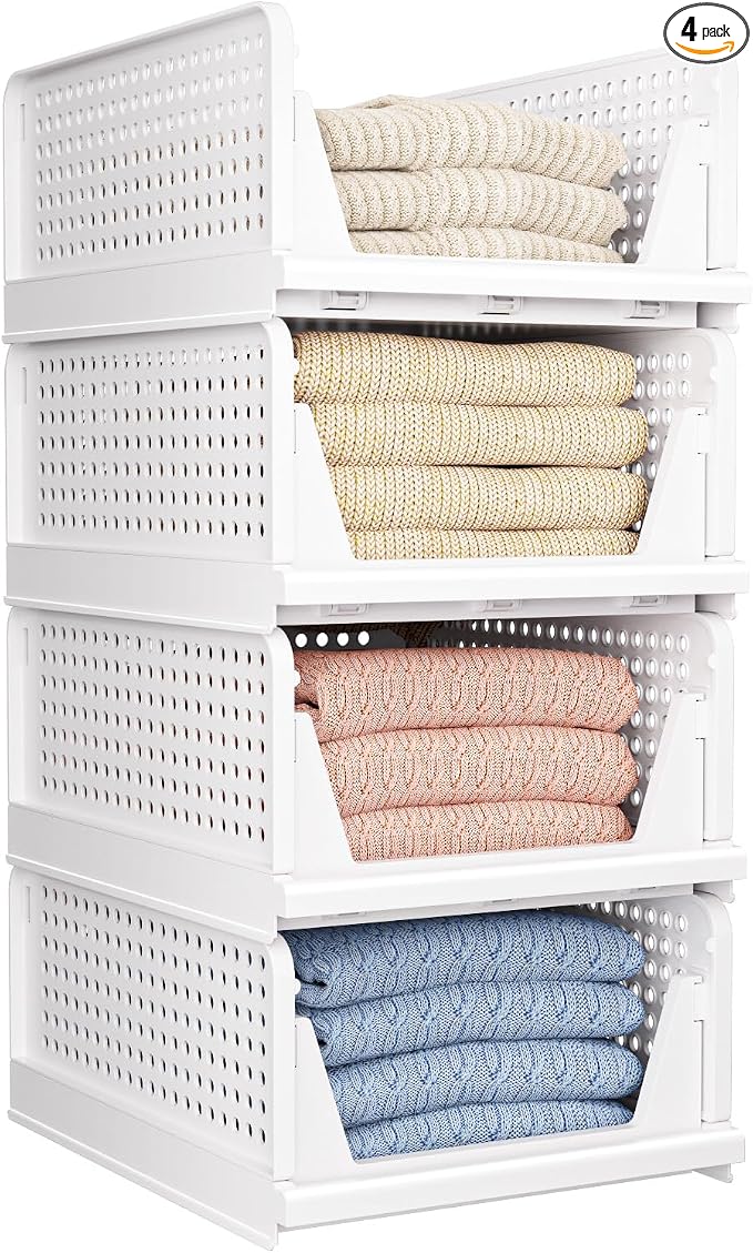 4 Pack Folding Closet Organizers Storage Box, Stackable Storage Bins, Plastic Drawer Basket Closet Storage for Wardrobe Cupboard Kitchen Bathroom Office White-4L | White stackable plastic drawer bins for closets, wardrobes, kitchens, bathrooms, offices