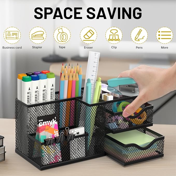 Mesh Desk Organizer with 2 Drawers and 5 Compartments, Pen Holder for Desk | Versatile Storage for Pens, Notes, Clips, Desk Accessories and Office Supplies for School Office Classroom