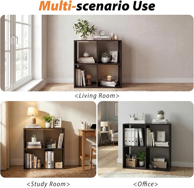 WannabeMyself【Sturdy Build&Easy Assembly】4 Cube Storage Organizer with Anti-Tipping Kits,Reversible Open Back Book Shelf, Bookcase for Living Room,Bedroom,Entrance Hall,Office,24.1×11.4×24.1,Chocolate