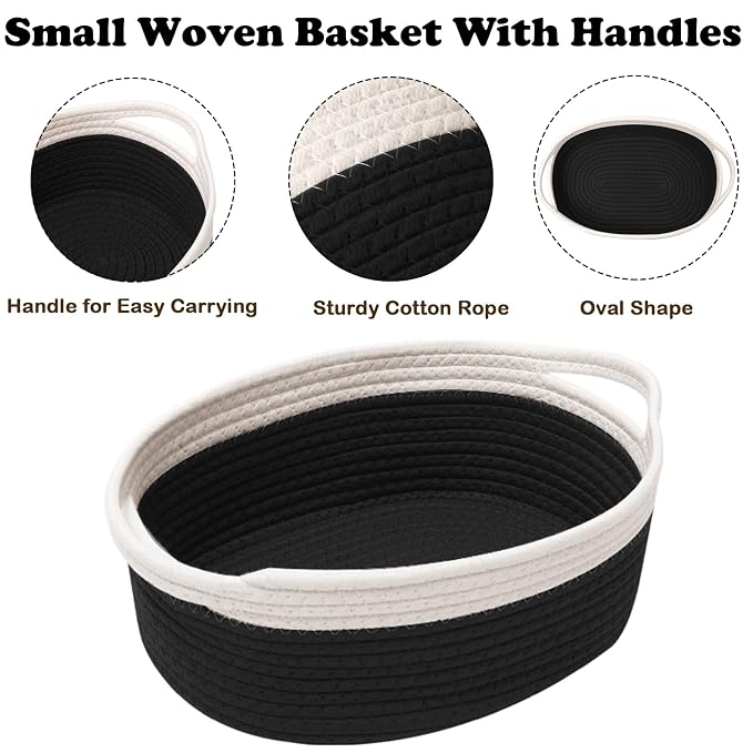 Woven Rope Basket - Baby Gift Basket with Bag & Ribbon, White&Black | Cotton rope with handle, 12 x 8 x 5 in, gift bag and ribbon, for baby shower, birthday, toy storage, nursery, shelf decor