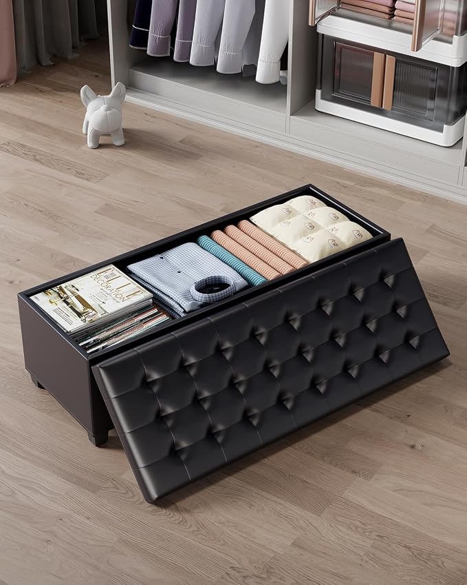ABHENG Synthetic leather Storage ottoman bench with legs,43.5”W x 15.7”D x 15.7”H,metal frame end of bed bench hold up to 770 LB,Large Storage Chest hold up to 770 LB,Black UASND622B