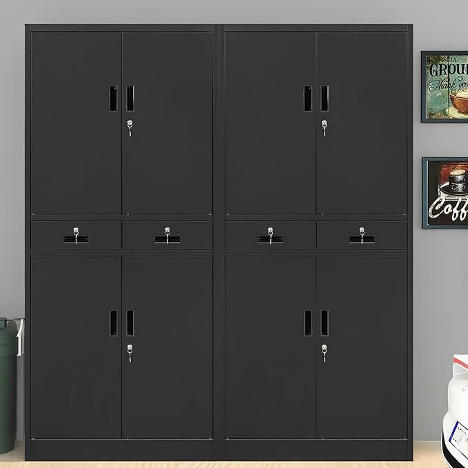 CJF Metal Storage Cabinet, 71" H Metal Cabinets with Adjustable Shelves and Drawers, Locking Storage Cabinet for Pantry, Office, Garage, Home, School, Utility (Black)