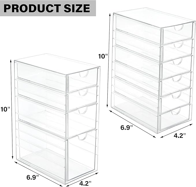 Prsildan Hair Accessories Organizer Acrylic Drawer with 10 Drawers | Clear, Craft Art Supply Storage, For Office Desk Bathroom Vanity Countertop, Set of 2