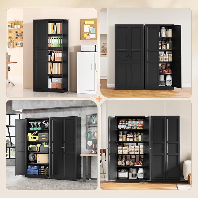 Yizosh Metal Storage Cabinet with 2 Doors and 5 Adjustable Shelves - 71" Black Kitchen Pantry Storage Cabinet, 5-Tier Tall Steel Cabinet Locker for Kitchen, Living Room, Dining Room