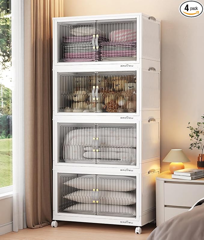 BROVIEW 320 Qt Stackable Storage Bins with Lid, Plastic Closet Organizers and Storage Drawer, Collapsible Storage Box with Wheels, Folding Storage Cabinet for Closet Clothes Organization, 4Pack White