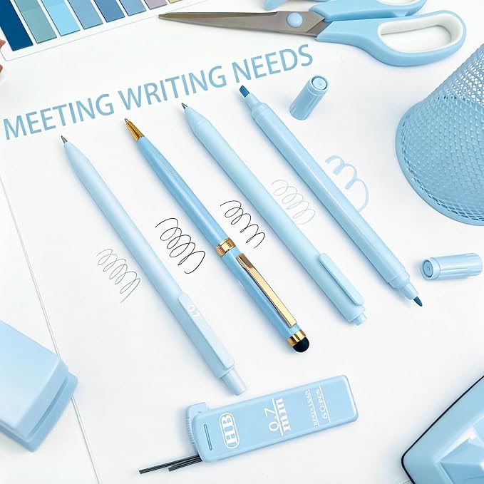 JIZHIYUAN Blue Desk Accessories Set - 16 Pcs Blue Office Supplies with Stapler, Tape Dispenser, Pen Holder, Staple Remover, Hole Punch, Practical Aesthetics Desk Sets for Office, Home, School Women