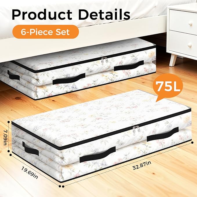 6 Pack Under Bed Storage Bags, 75L Foldable Clear Containers with Handles | Dual Zipper Storage Bins for Comforters, Bedding, Blankets, Closet Organizer for Clothes, Linen Sheets, Sweaters