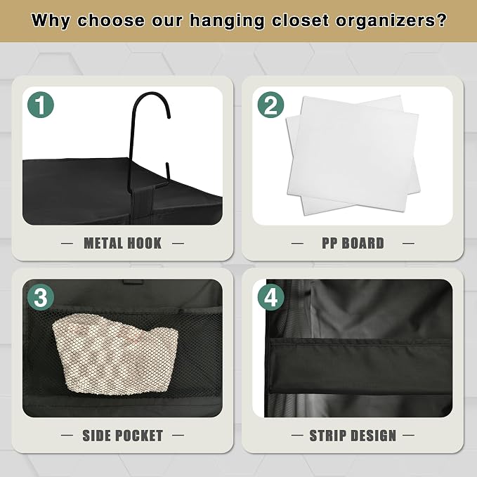 3-Shelf Hanging Closet Organizer, Washable Foldable Storage Shelves, Black | Front lip keeps items secure; side pockets add room; Oxford fabric handles towels, shirts, baby items, dorms, RVs or travel.
