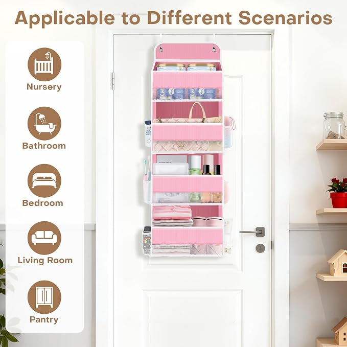 Over the Door Organizer, 4 Large Pocket Hanging Storage with 40lb Capacity | Space Saving Door Storage for Nursery, Bathroom, Bedroom and Closet, Baby Essentials and Toiletry Organizer, Pink
