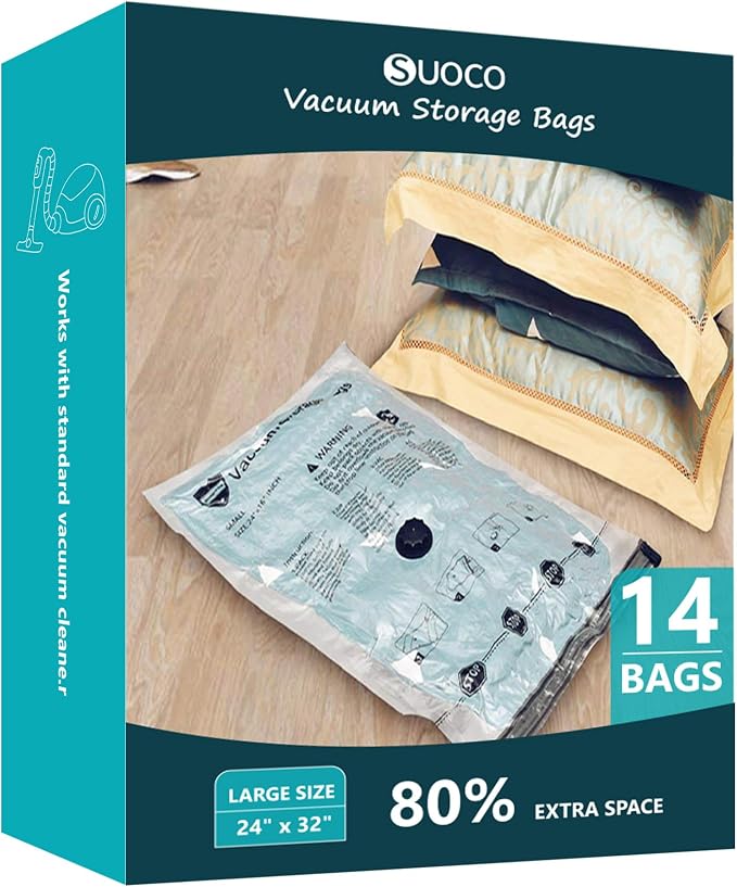 Vacuum Storage Bags, Compression Packing Space Saver Seal Bags for Clothing Bedding Comforters Blankets Pillows, 14 Large