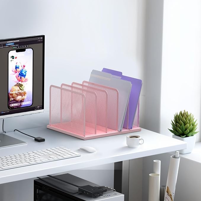 Kuntine.B 5-Section Upright Desk File Organizer Pink 1 Pack | Vertical, Mesh, Metal, Assembly, Stability, Sturdiness, Organization, Standing