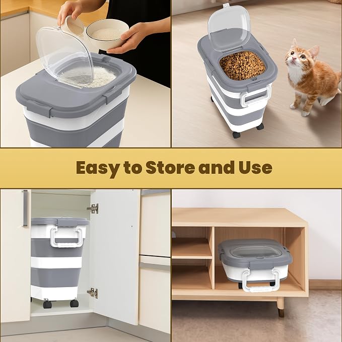 HOYTAMDA 25-35Lbs Collapsible Rice Container,Food Storage Containers Wheels | Rice Storage Container with Airtight Clear Lid,Handle,Small Bin &Scoop,Rice Dispenser for Flour Sugar Cereal Dog Cat Food