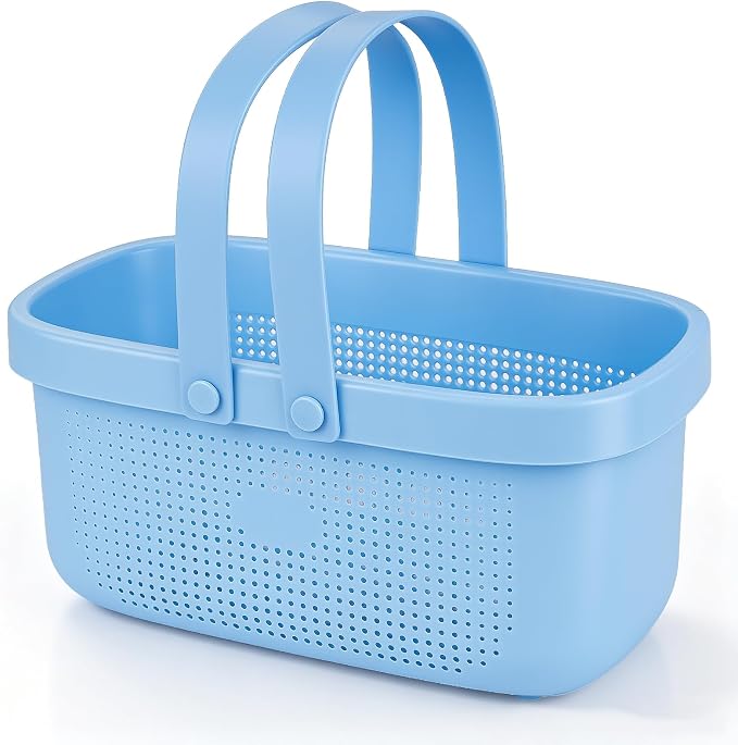 Portable Shower Caddy Basket with Handles Plastic Storage Basket Blue | Sturdy Drainage Large Capacity Organizer Basket with Silicone Handles for Bathroom Kitchen Bedroom College Dorm Essentials