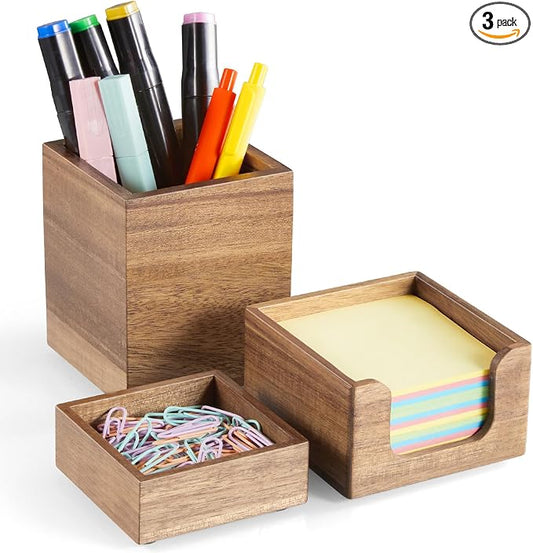 Desk Organizer Set of 3 - Acacia Wood Office Desk Accessories - Desk Organizers and Accessories for Women Men - Set incl. Pencil Pen Holder, Paperclip Storage and Sticky Note Holder