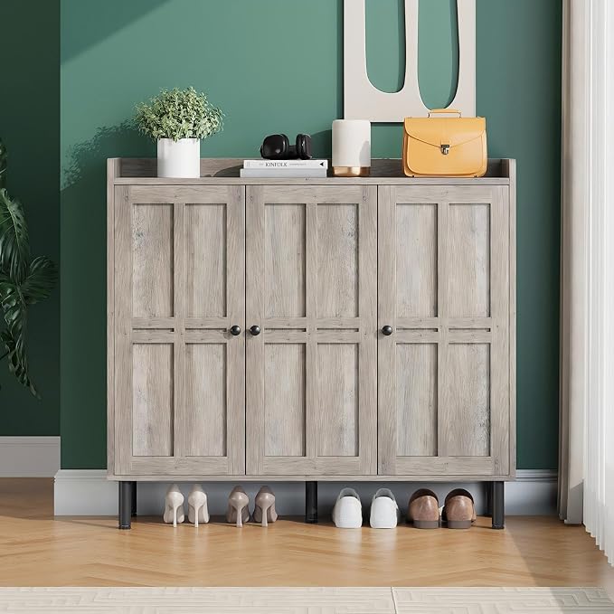 Shoe Storage Cabinet with 3 Doors, 8-Tier Shoe Cabinet with 5 Adjustable Shelves and Metal Legs, 40'' Tall Shoe Rack Organizer Cabinet for Entryway, Front Door, Gray Wash