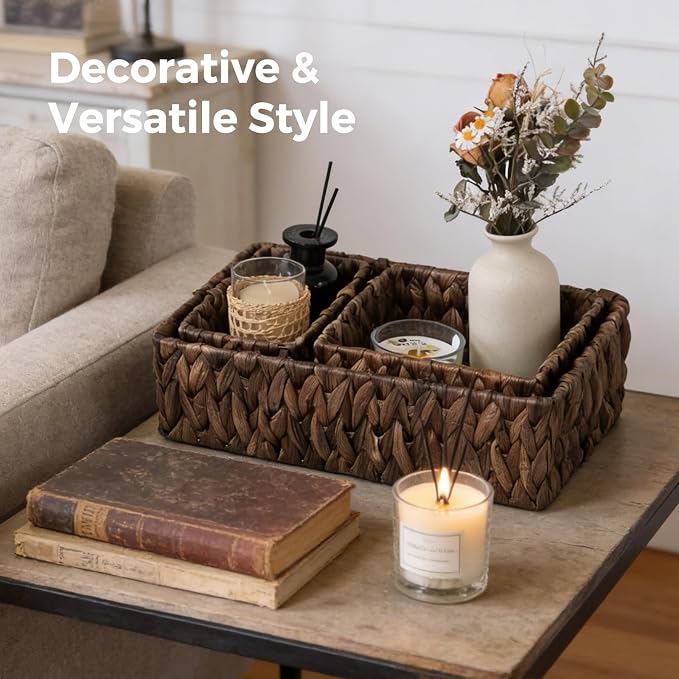 Wicker Storage Baskets Set of 3, Large and Small Pantry Baskets Set, Brown | Handwoven Water Hyacinth Baskets for Organizing, Decorative Natural Woven Baskets 3Pack for Toilet Shelves, Boho Decor