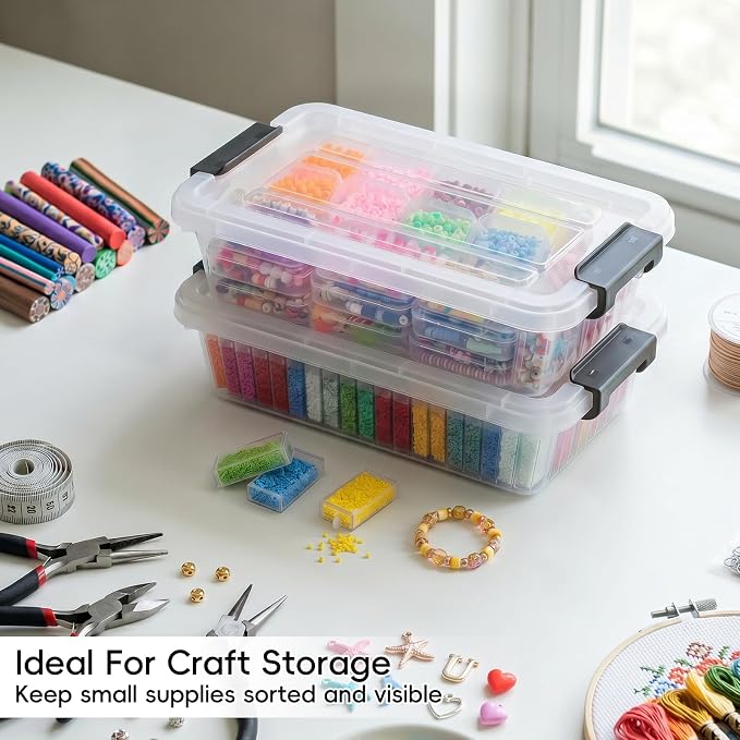 Small Storage Bins with Lids 10 Pack 3Qt Clear Stackable Containers Boxes | Clear Plastic, Lidded Containers, Stackable Design, for Home Office Pantry and Small-Item Organization