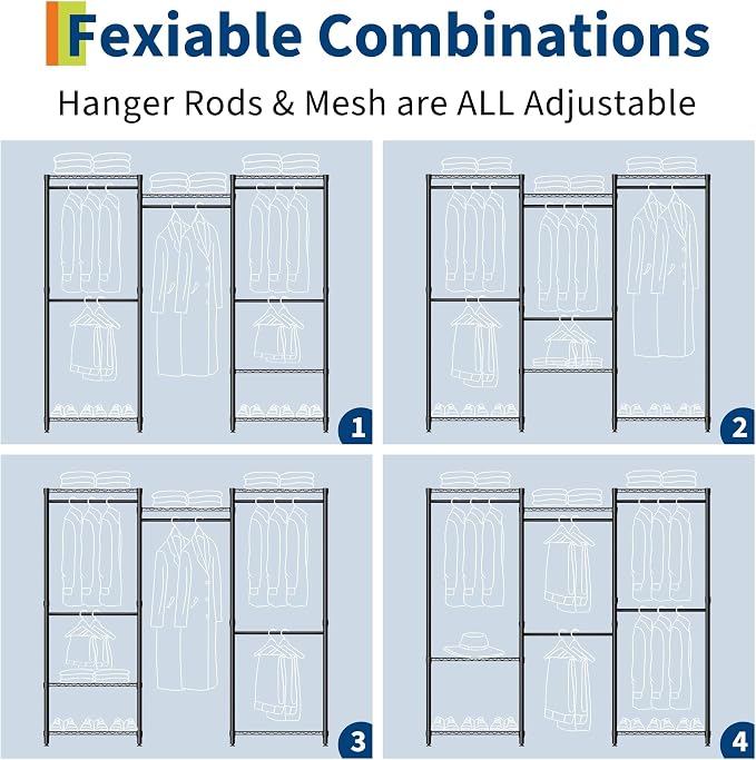 Heavy Duty Garment Rack Stable Clothes Rack for Hanging Clothes Wardrobe Closet with Adjustable Shelves & 5 Hanging Rods 76.5" H x 67.6" L x 15.5" W Black