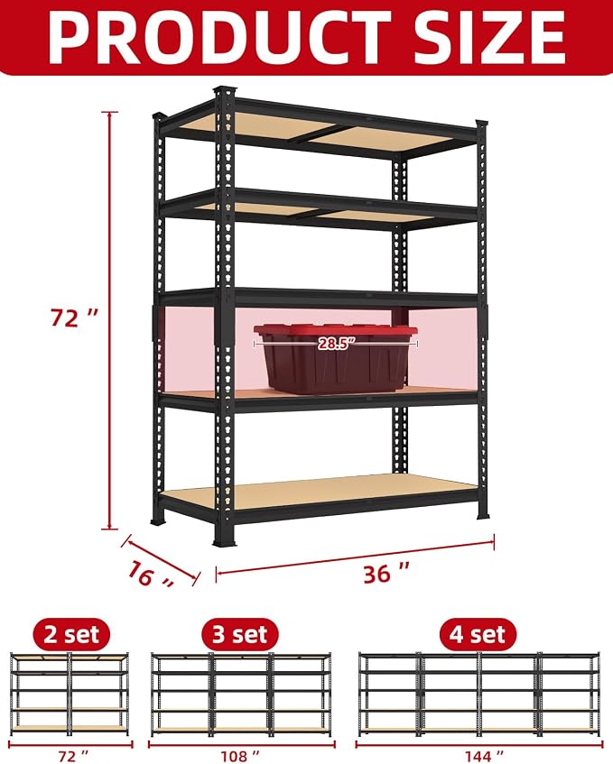 PrimeZone 5-Tier Garage Storage Shelves, Adjustable Metal Shelving, Black | 36" x 16" x 72", Heavy-Duty Metal Frame & Connectors, FSC MDF Boards, 2000 LBS Storage for Garage, Pantry & Closet, 4 PCS