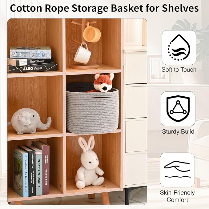 ICERZCZ Woven Cotton Rope Storage Basket for Organizing, Cute Decorative Baskets for Gifts Empty, Organizer Bins for Dog Toy, Baby Laundry, 15“×11”×9.5“, Light Grey