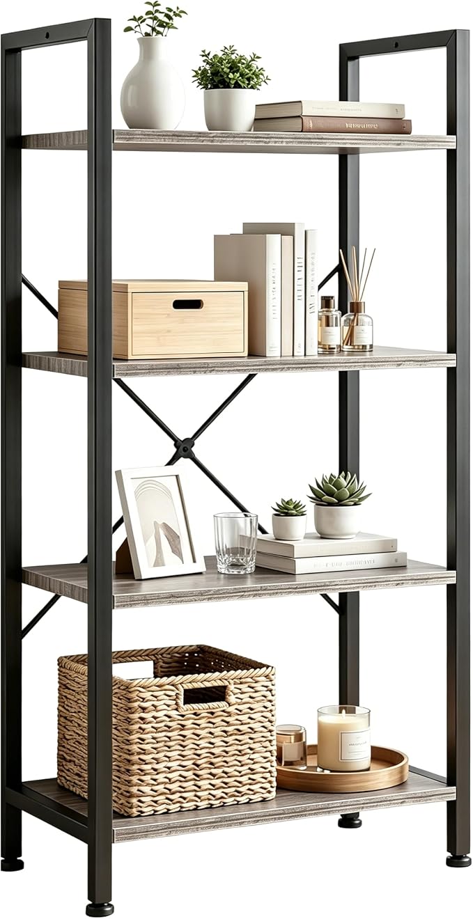 HealSmart 4 Tier Bookshelf, Free Standing Book Shelf Home Office Bookcase Shelf Storage Organizer for Bedroom, Bathroom, Living Room, Office, Balcony, Gray Wood