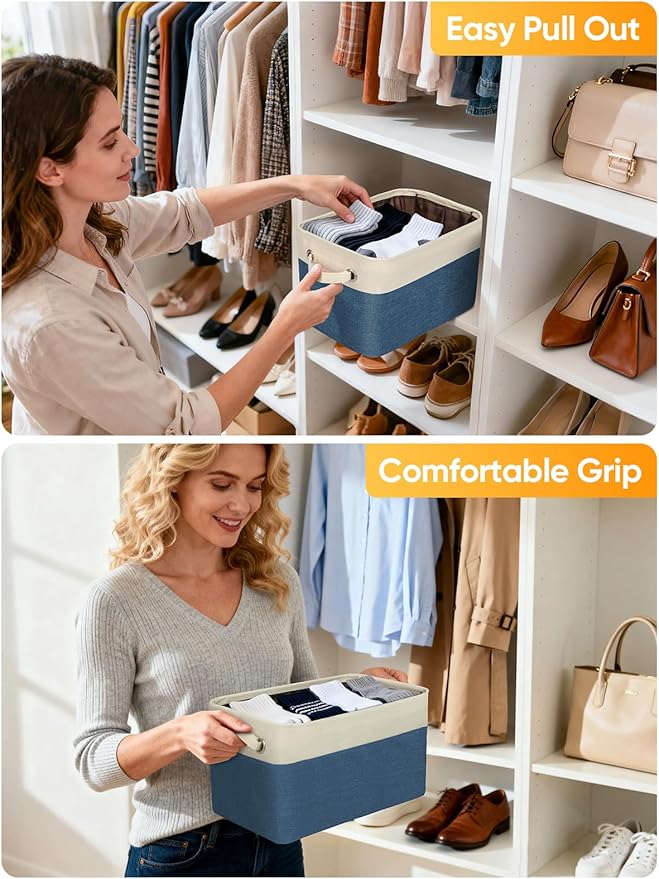 BALEINE 4 Pack Fabric Closet Storage Bins for Shelves, Linen Closet Organizers and Storage, Decorative Baskets for Organizing, Shelf, Clothes, Home, Office (Navy Blue, 12"x8"x8")