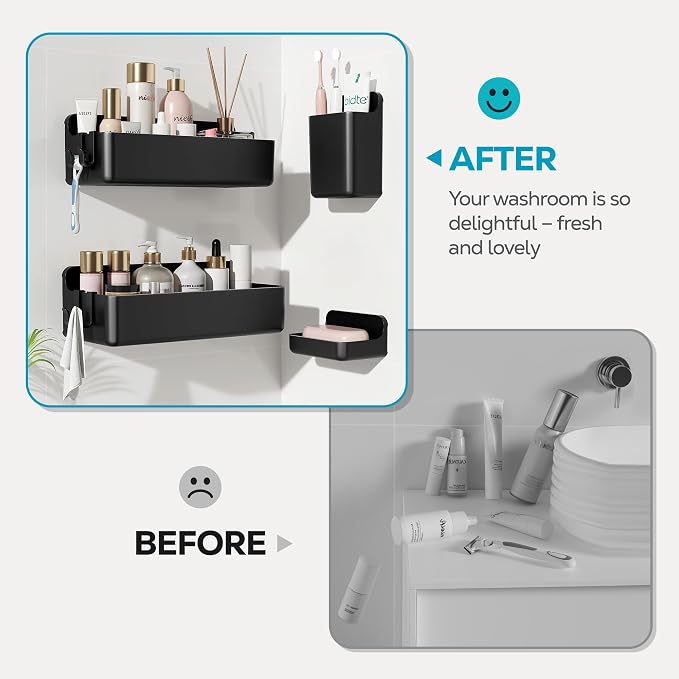 Nieifi Adhesive Shower Shelves, Black, 4 Pieces | Rustproof ABS, Large Capacity, Removable Design, Easy-Clean, No Drilling Shower Organizer for Bathroom Storage & Home Decor